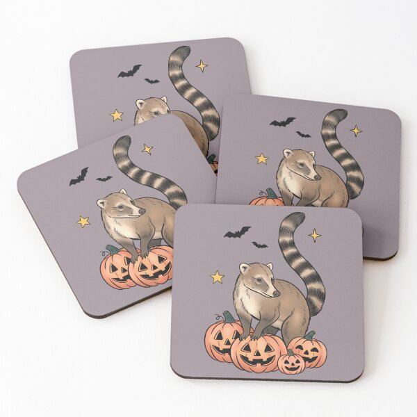 Item preview, White-Nosed Coati with Jack-o-Lanterns Sticker, Texas Wildlife Halloween Art designed and sold by Ink & Kind Studio.
