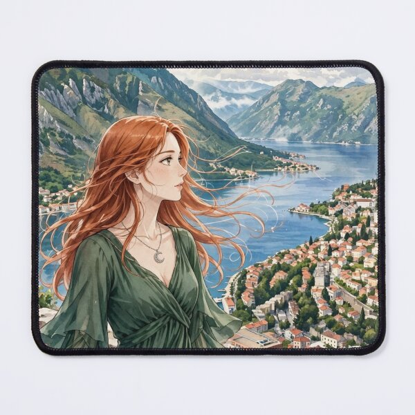 Item preview, Montenegro Bay of Kotor with a Beautiful Redhead Traveler in a Forest Green Dress, Dramatic Mountains and Mediterranean Landscape designed and sold by DibujandoPorfa.