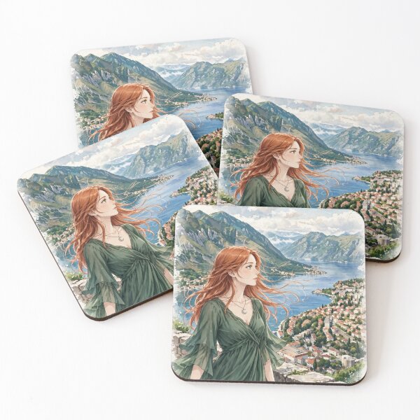Item preview, Montenegro Bay of Kotor with a Beautiful Redhead Traveler in a Forest Green Dress, Dramatic Mountains and Mediterranean Landscape designed and sold by DibujandoPorfa.