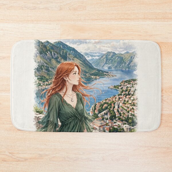 Item preview, Montenegro Bay of Kotor with a Beautiful Redhead Traveler in a Forest Green Dress, Dramatic Mountains and Mediterranean Landscape designed and sold by DibujandoPorfa.