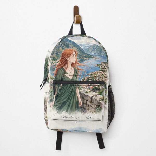 Item preview, Montenegro Bay of Kotor with a Beautiful Redhead Traveler in a Forest Green Dress, Dramatic Mountains and Mediterranean Landscape designed and sold by DibujandoPorfa.
