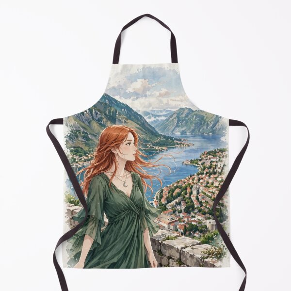 Item preview, Montenegro Bay of Kotor with a Beautiful Redhead Traveler in a Forest Green Dress, Dramatic Mountains and Mediterranean Landscape designed and sold by DibujandoPorfa.