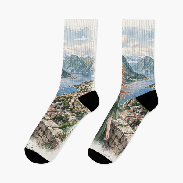 Item preview, Montenegro Bay of Kotor with a Beautiful Redhead Traveler in a Forest Green Dress, Dramatic Mountains and Mediterranean Landscape designed and sold by DibujandoPorfa.