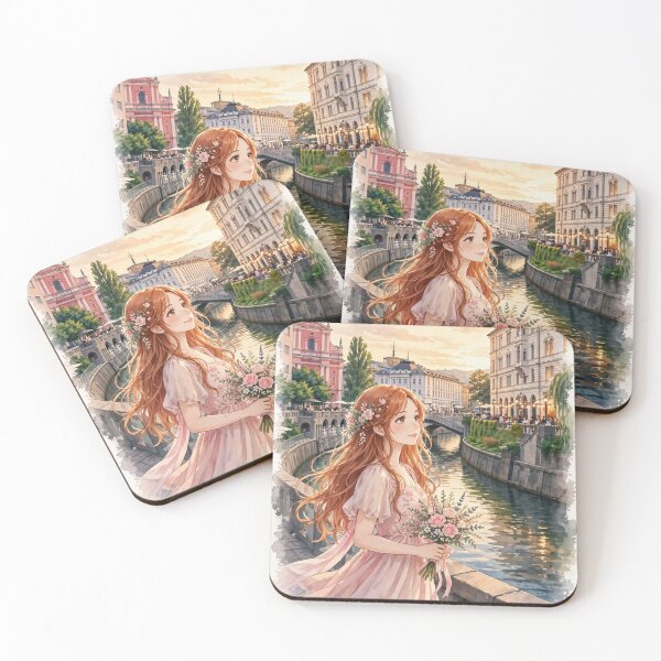 Item preview, Slovenia Ljubljana with a Charming Redhead Traveler in a Blush Pink Dress, Riverside Architecture and Romantic European City designed and sold by DibujandoPorfa.