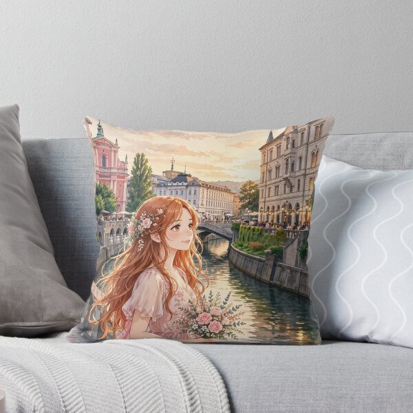 Item preview, Slovenia Ljubljana with a Charming Redhead Traveler in a Blush Pink Dress, Riverside Architecture and Romantic European City designed and sold by DibujandoPorfa.
