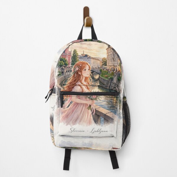 Item preview, Slovenia Ljubljana with a Charming Redhead Traveler in a Blush Pink Dress, Riverside Architecture and Romantic European City designed and sold by DibujandoPorfa.