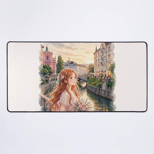 Item preview, Slovenia Ljubljana with a Charming Redhead Traveler in a Blush Pink Dress, Riverside Architecture and Romantic European City designed and sold by DibujandoPorfa.