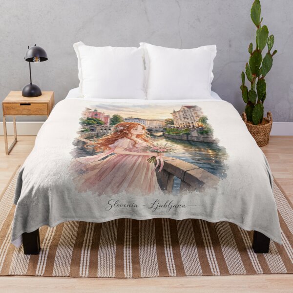 Item preview, Slovenia Ljubljana with a Charming Redhead Traveler in a Blush Pink Dress, Riverside Architecture and Romantic European City designed and sold by DibujandoPorfa.