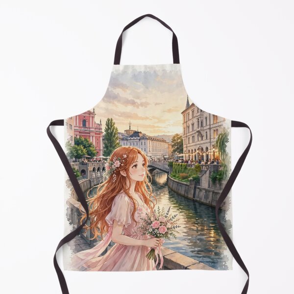 Item preview, Slovenia Ljubljana with a Charming Redhead Traveler in a Blush Pink Dress, Riverside Architecture and Romantic European City designed and sold by DibujandoPorfa.