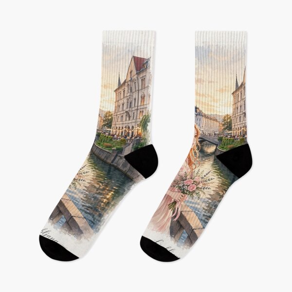 Item preview, Slovenia Ljubljana with a Charming Redhead Traveler in a Blush Pink Dress, Riverside Architecture and Romantic European City designed and sold by DibujandoPorfa.