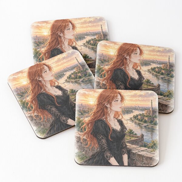 Item preview, Serbia Belgrade Fortress with an Elegant Redhead Traveler in a Black Lace Dress, Danube River and Historic European Sunset designed and sold by DibujandoPorfa.