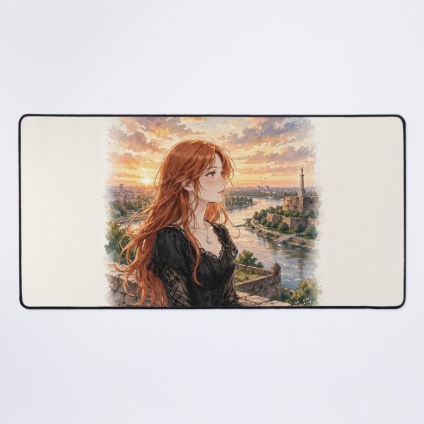 Item preview, Serbia Belgrade Fortress with an Elegant Redhead Traveler in a Black Lace Dress, Danube River and Historic European Sunset designed and sold by DibujandoPorfa.