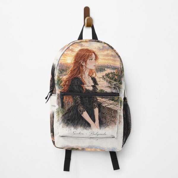 Item preview, Serbia Belgrade Fortress with an Elegant Redhead Traveler in a Black Lace Dress, Danube River and Historic European Sunset designed and sold by DibujandoPorfa.
