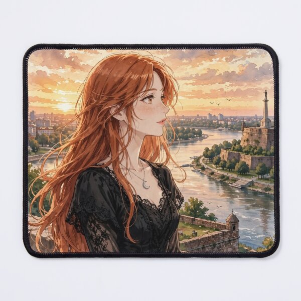 Item preview, Serbia Belgrade Fortress with an Elegant Redhead Traveler in a Black Lace Dress, Danube River and Historic European Sunset designed and sold by DibujandoPorfa.