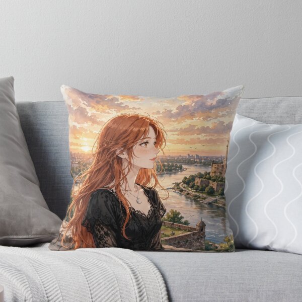 Item preview, Serbia Belgrade Fortress with an Elegant Redhead Traveler in a Black Lace Dress, Danube River and Historic European Sunset designed and sold by DibujandoPorfa.