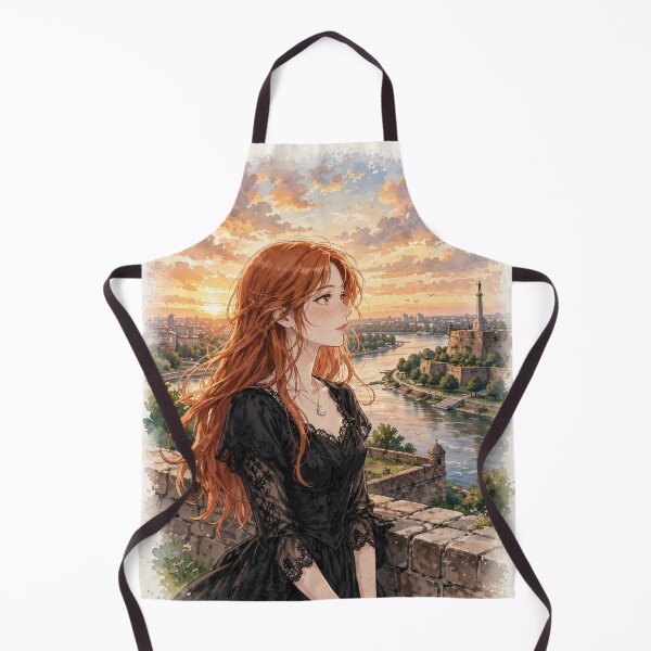 Item preview, Serbia Belgrade Fortress with an Elegant Redhead Traveler in a Black Lace Dress, Danube River and Historic European Sunset designed and sold by DibujandoPorfa.