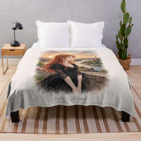 Item preview, Serbia Belgrade Fortress with an Elegant Redhead Traveler in a Black Lace Dress, Danube River and Historic European Sunset designed and sold by DibujandoPorfa.