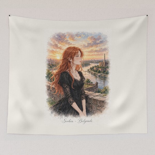 Item preview, Serbia Belgrade Fortress with an Elegant Redhead Traveler in a Black Lace Dress, Danube River and Historic European Sunset designed and sold by DibujandoPorfa.