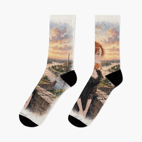 Item preview, Serbia Belgrade Fortress with an Elegant Redhead Traveler in a Black Lace Dress, Danube River and Historic European Sunset designed and sold by DibujandoPorfa.