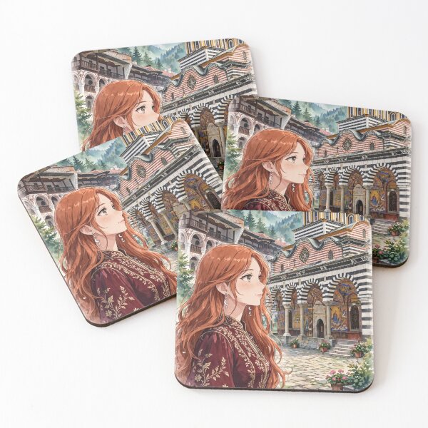Item preview, Bulgaria Rila Monastery with a Redhead Traveler in an Elegant Burgundy Dress, Bulgarian Mountains and Historic Orthodox Architecture designed and sold by DibujandoPorfa.