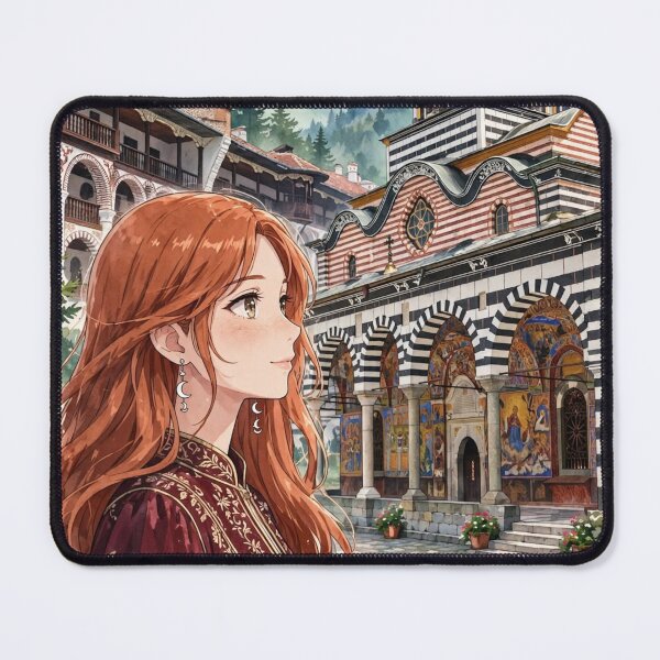 Item preview, Bulgaria Rila Monastery with a Redhead Traveler in an Elegant Burgundy Dress, Bulgarian Mountains and Historic Orthodox Architecture designed and sold by DibujandoPorfa.