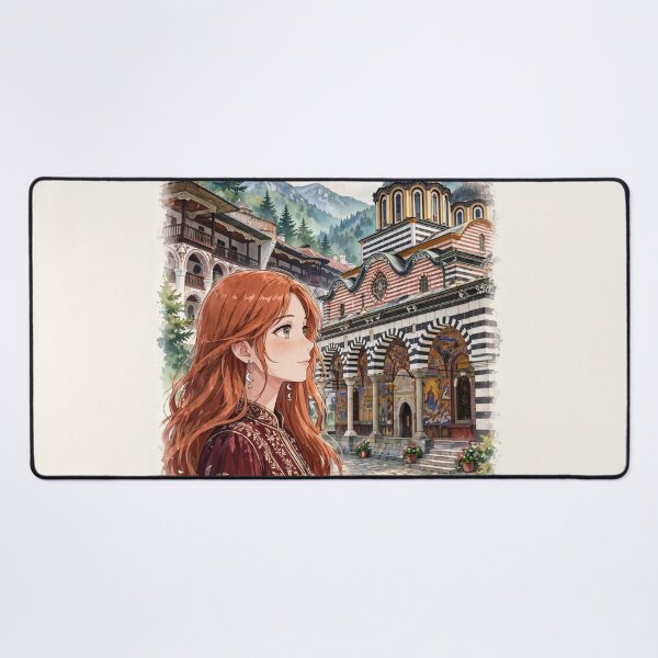 Item preview, Bulgaria Rila Monastery with a Redhead Traveler in an Elegant Burgundy Dress, Bulgarian Mountains and Historic Orthodox Architecture designed and sold by DibujandoPorfa.