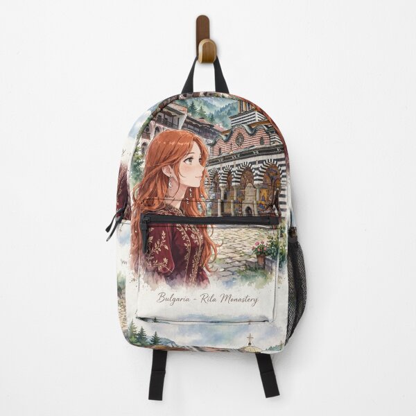 Item preview, Bulgaria Rila Monastery with a Redhead Traveler in an Elegant Burgundy Dress, Bulgarian Mountains and Historic Orthodox Architecture designed and sold by DibujandoPorfa.