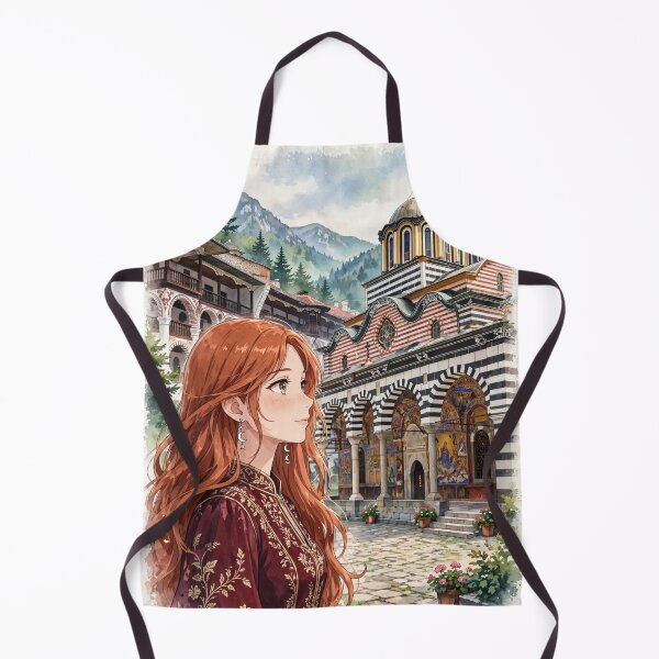 Item preview, Bulgaria Rila Monastery with a Redhead Traveler in an Elegant Burgundy Dress, Bulgarian Mountains and Historic Orthodox Architecture designed and sold by DibujandoPorfa.