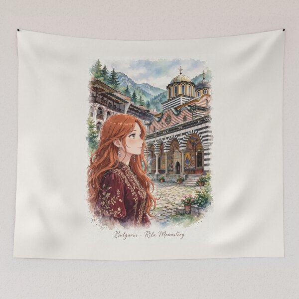 Item preview, Bulgaria Rila Monastery with a Redhead Traveler in an Elegant Burgundy Dress, Bulgarian Mountains and Historic Orthodox Architecture designed and sold by DibujandoPorfa.