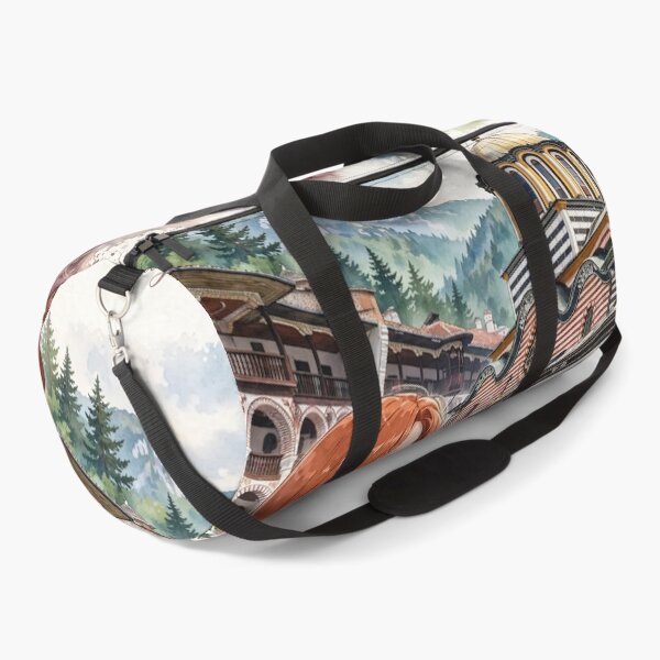Item preview, Bulgaria Rila Monastery with a Redhead Traveler in an Elegant Burgundy Dress, Bulgarian Mountains and Historic Orthodox Architecture designed and sold by DibujandoPorfa.