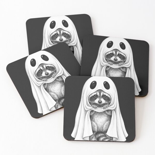 Item preview, Cute Ghost Raccoon Grayscale Halloween Illustration designed and sold by MS Pod Studio.