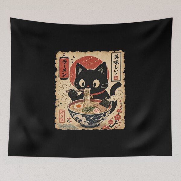 Item preview, Vintage Japanese Cat Eating Ramen designed and sold by NaniLoom.