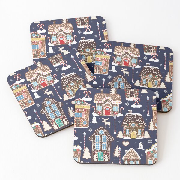 Item preview, Cute Christmas Gingerbread Village in Night Navy designed and sold by YesterdayColl.