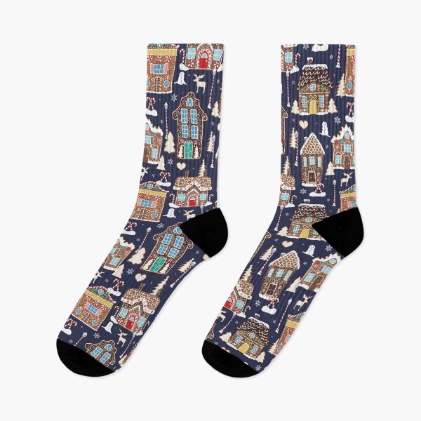Item preview, Cute Christmas Gingerbread Village in Night Navy designed and sold by YesterdayColl.