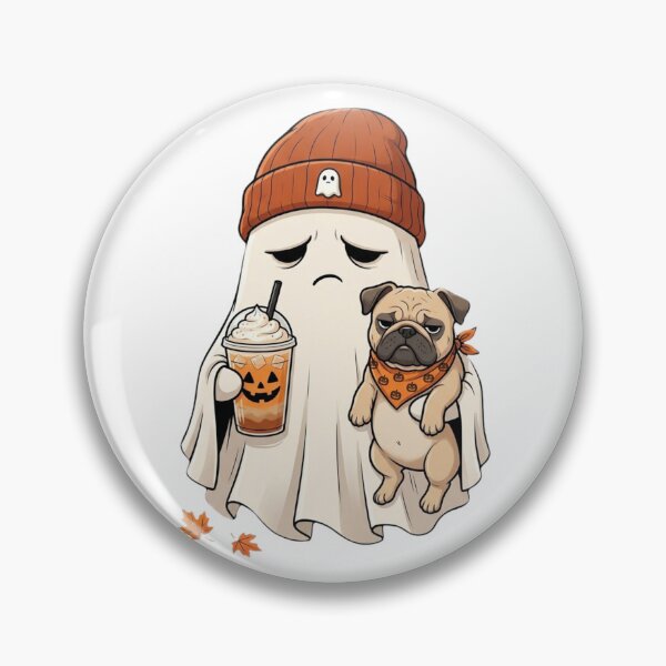 Item preview, Ghost with Pumpkin Spice Latte and Pug Halloween Art designed and sold by MS Pod Studio.