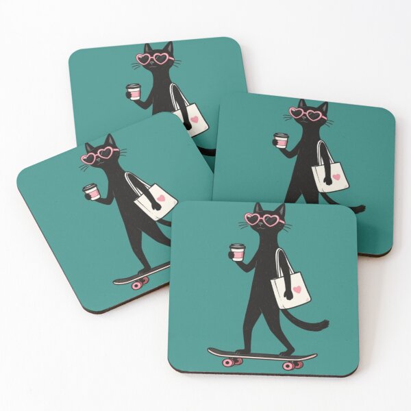 Item preview, Black Cat Skateboarding with Coffee – Cute Fashion Cat Retro Design designed and sold by anemiche.