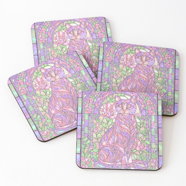 Item preview, Stained Glass with Cat in Purple and Greens designed and sold by LaRoach Digital Arts.