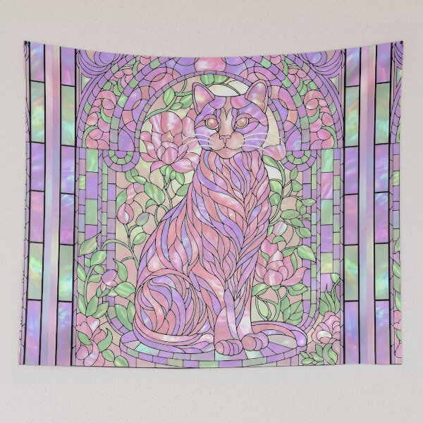 Item preview, Stained Glass with Cat in Purple and Greens designed and sold by LaRoach Digital Arts.