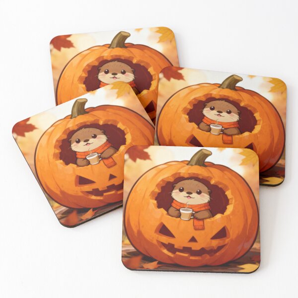 Item preview, Happy Halloween - Cozy Sea Otter in Jack O Lantern with Coffee designed and sold by Otterbean.