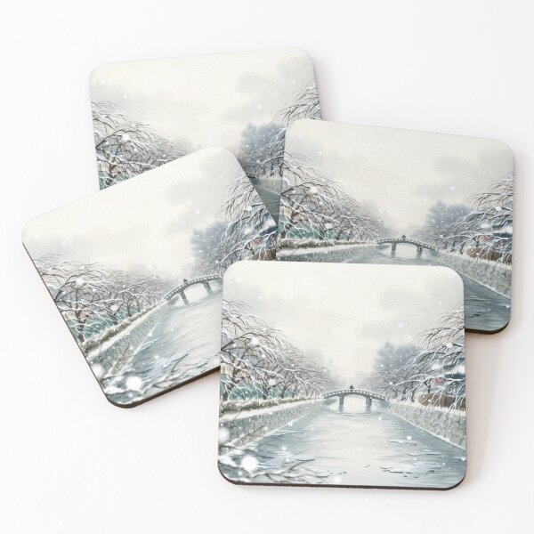 Item preview, Vintage Watercolor Winter Japan Canal Bridge Art Vector designed and sold by Shutter-Dragon.