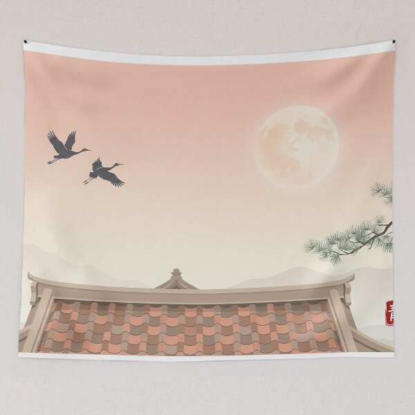 Item preview, Vintage Watercolor Flying Cranes Full Moon Temple Art Vector designed and sold by Shutter-Dragon.
