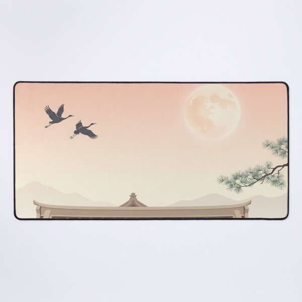 Item preview, Vintage Watercolor Flying Cranes Full Moon Temple Art Vector designed and sold by Shutter-Dragon.
