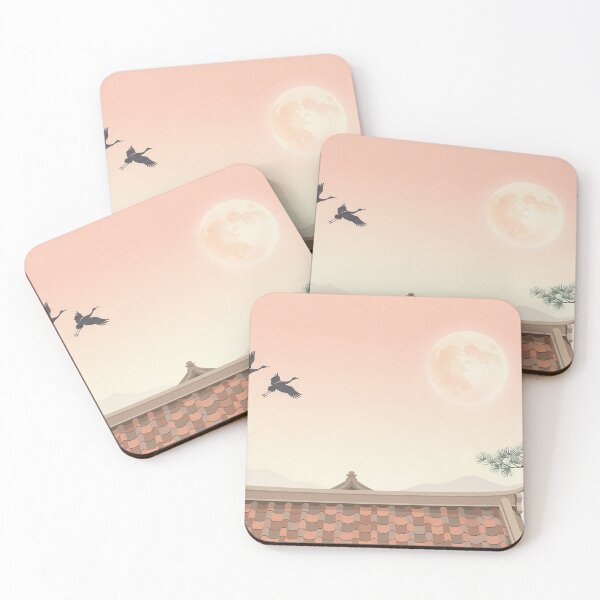 Item preview, Vintage Watercolor Flying Cranes Full Moon Temple Art Vector designed and sold by Shutter-Dragon.