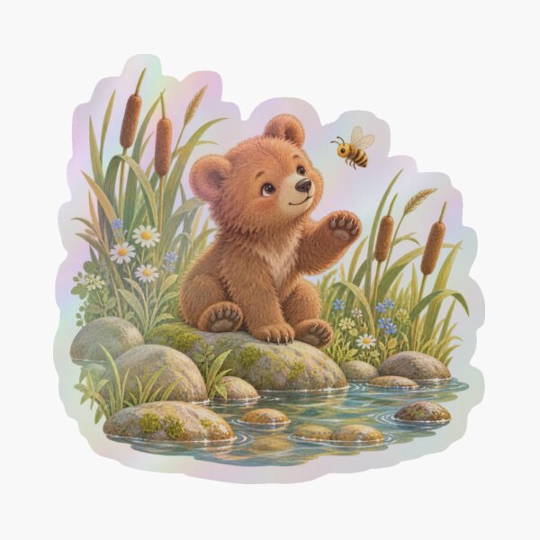 Aperçu de l'œuvre Bear Cub Greets Riverside Bee créée et vendue par WunkusWorld.