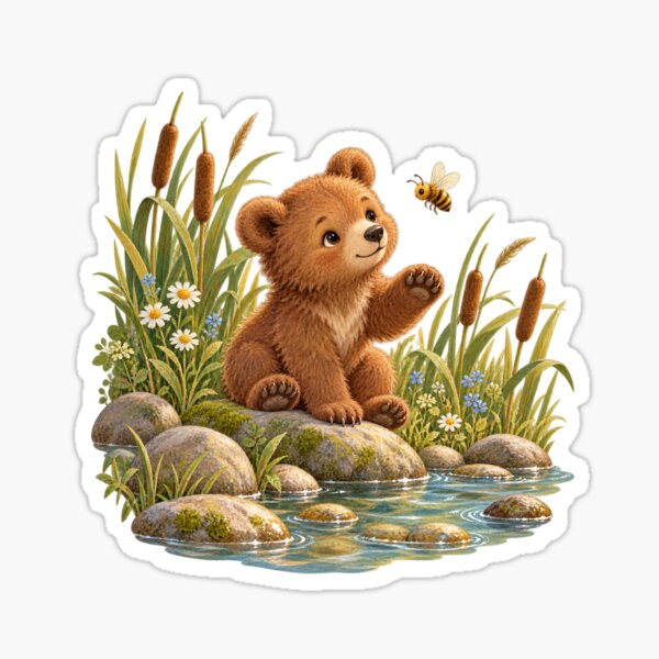 Item preview, Bear Cub Greets Riverside Bee designed and sold by WunkusWorld.