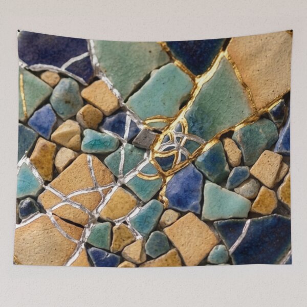 Item preview, Kintsugi Shattered Tiles in Ocean and Sand Tones - Coastal Mosaic Wabi-Sabi Art designed and sold by Purrfecta.