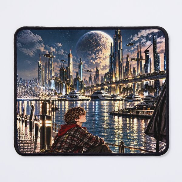 Item preview, Danix Cyberpunk Harbour Moonrise Poster Design designed and sold by Kenzie & Co.