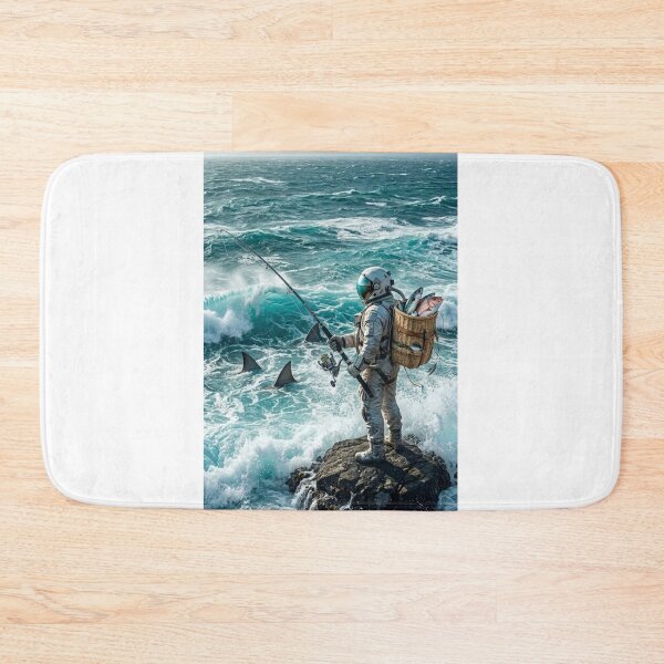 Item preview, Astronaut Fishing in Rough Turquoise Ocean Surreal Art designed and sold by Rain-Road.