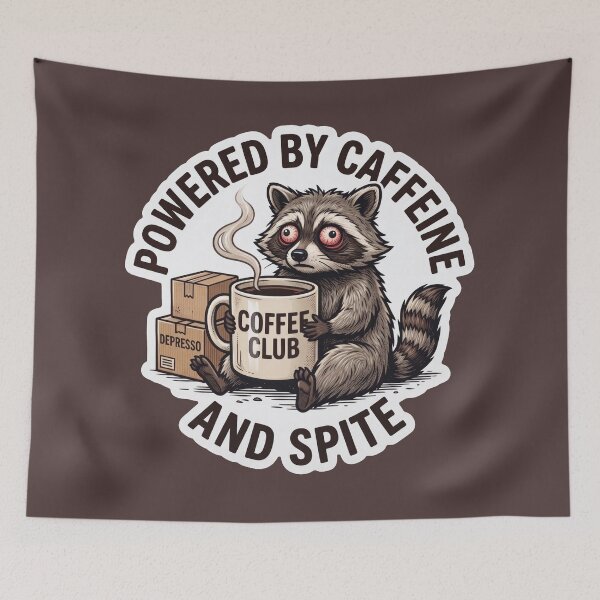 Item preview, Funny Tired Raccoon Powered By Caffeine And Spite Retro Coffee Lover designed and sold by Veverony Design.