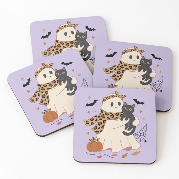 Item preview, Cute Halloween Ghost With Black Cat Leopard Accents designed and sold by FreshVibe Prints.